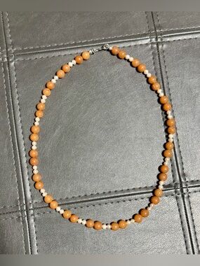 Handmade Orange Aventurine &
Freshwater Pearl 935 Sterling Silver Clasp Necklace